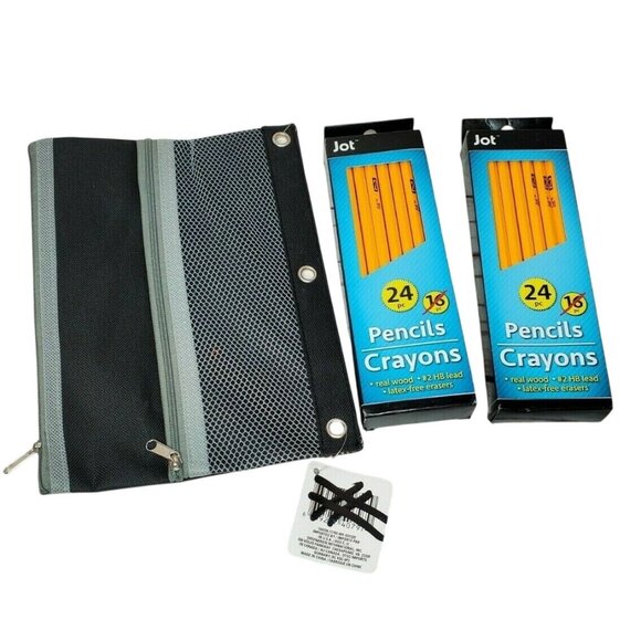 2 24 Pc Real Wood Latex Free Eraser Pencils & 1 Grey/Black Zipper Binder Pouch - Picture 1 of 6
